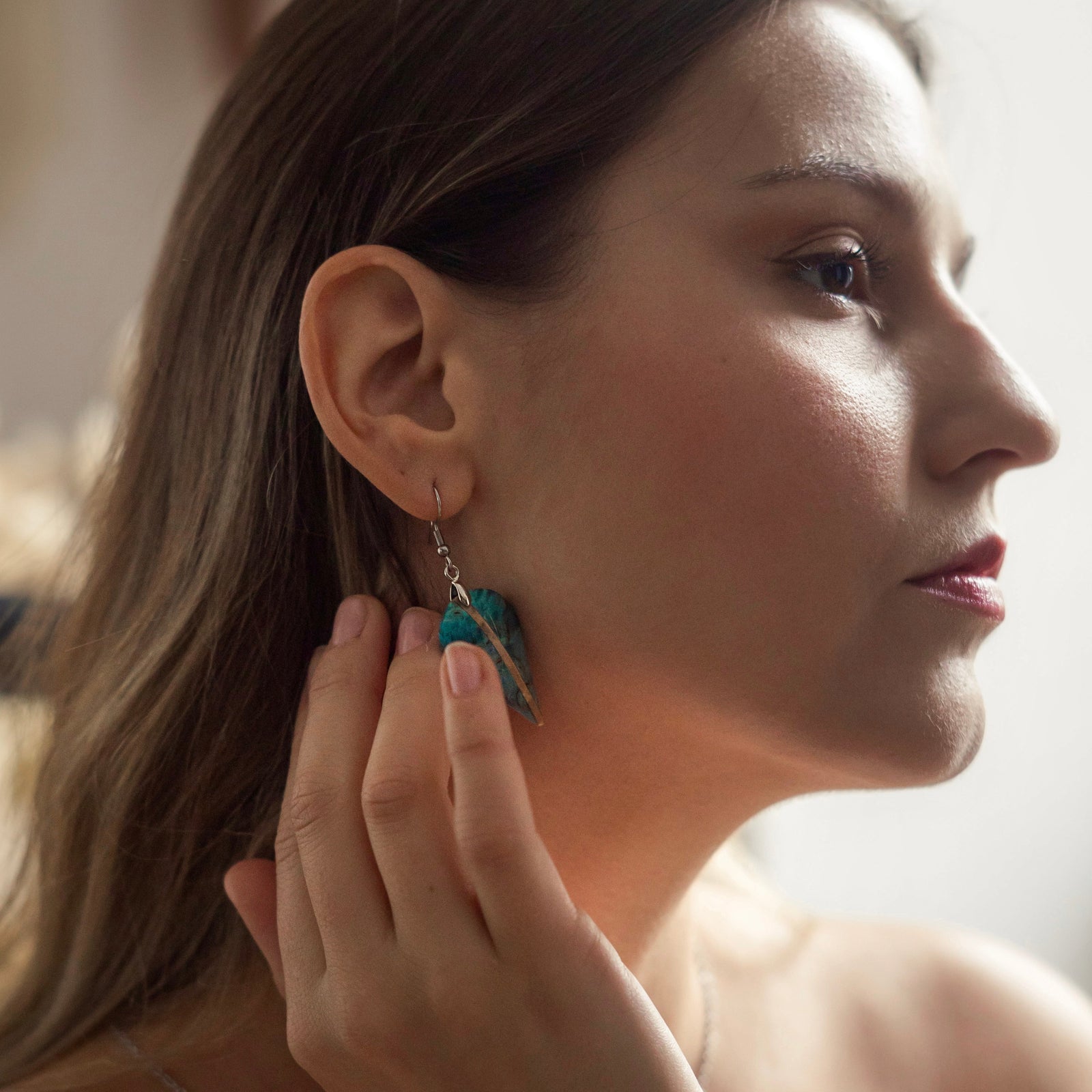 Earrings with Turquoise and beige stabilised birch Wood