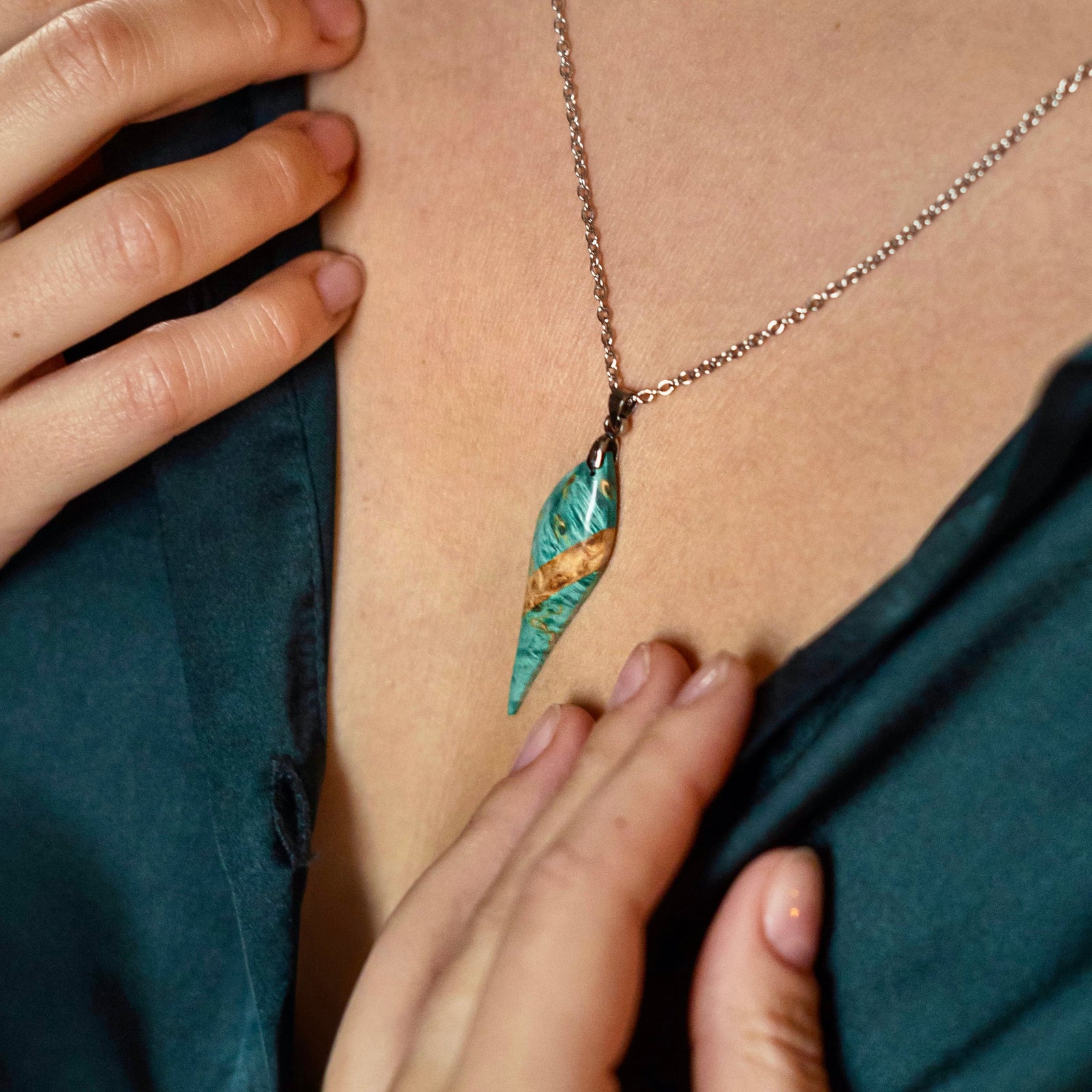 Pendant with Blue/green and natural stabilised birch Wood