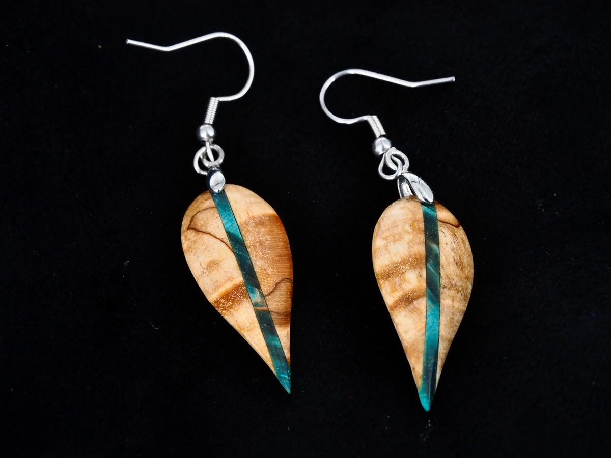 Boucles d'oreilles en bouleau stabilisé beige et turquoise