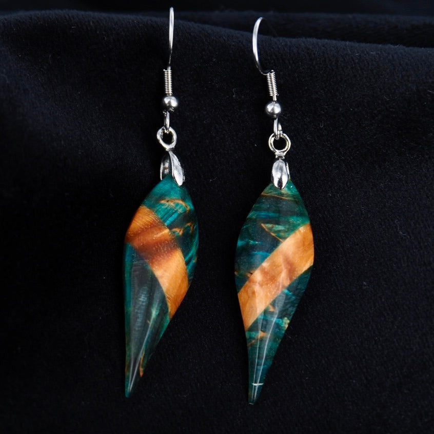 Boucles d'oreilles en bouleau stabilisé turquoise et beige