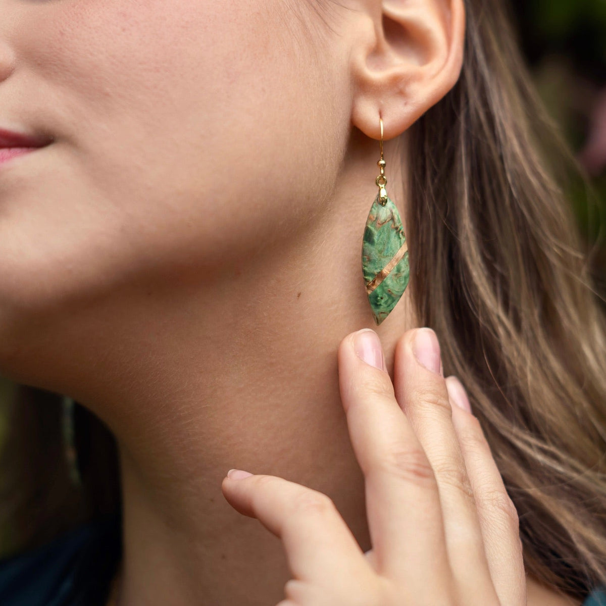 Earrings with Green and Beige stabilised birch Wood