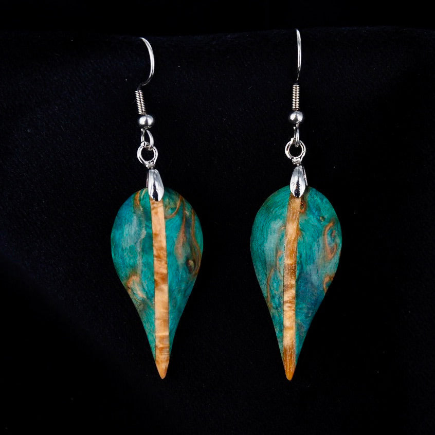 Boucles d'oreilles en bois de bouleau stabilisé turquoise et beige