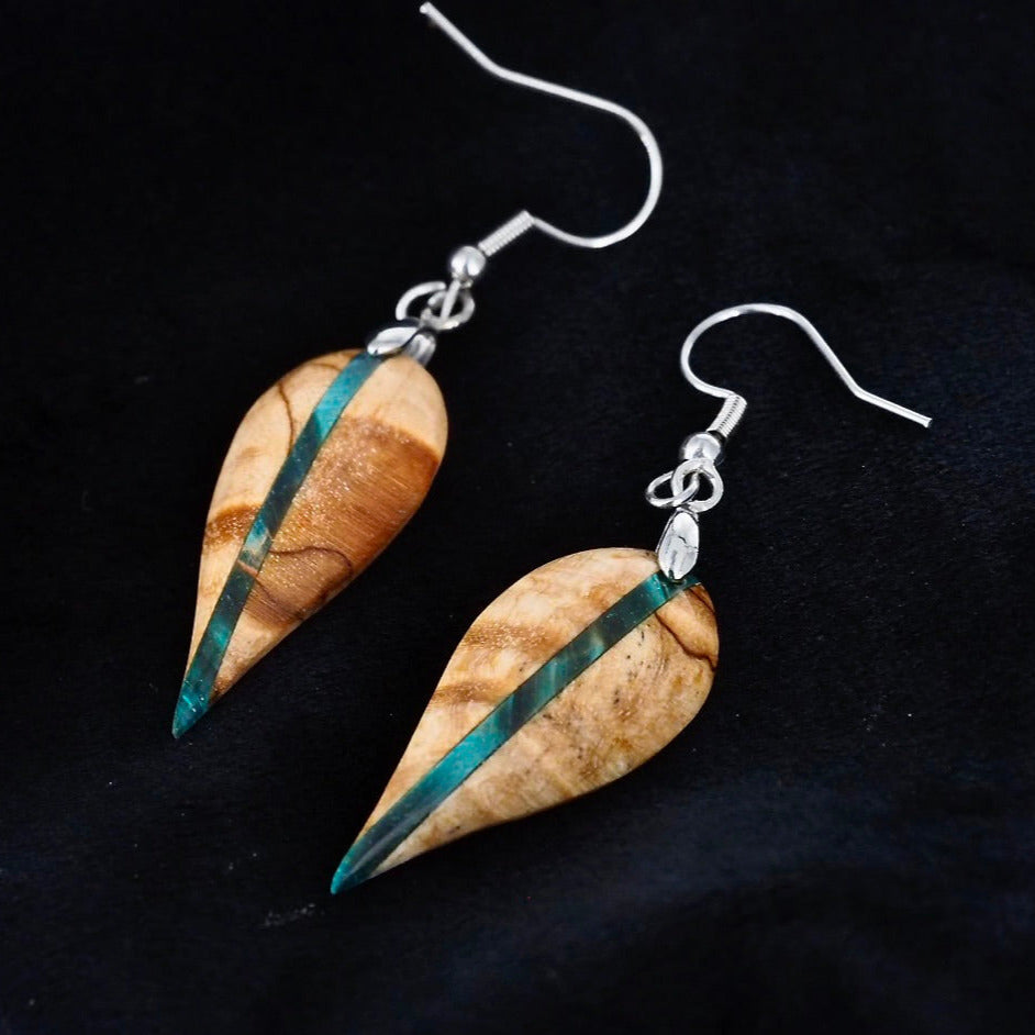 Boucles d'oreilles en bouleau stabilisé beige et turquoise
